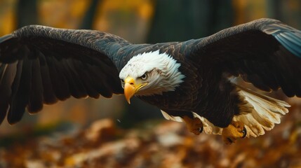 Obraz premium A majestic bald eagle soaring through a forested landscape.