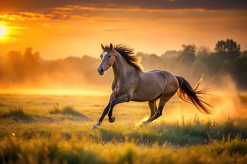 Horse galloping in meadow at sunrise with shallow depth of field