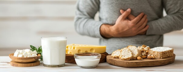 A person experiencing discomfort while surrounded by dairy products, including cheese, yogurt, and milk.