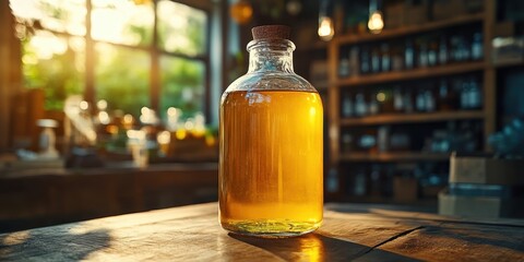 a bottle of honey sitting on a table