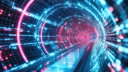 Fototapeta premium A futuristic digital tunnel with vibrant blue and pink lights, suggesting advanced technology.
