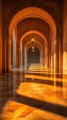 Obraz premium Sunlight casts a golden glow through a series of intricately arched hallways, reflecting warmth and elegance with perfect symmetry