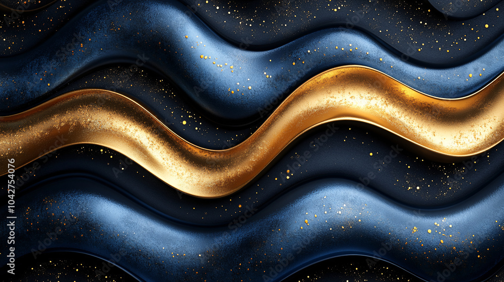 Poster undulating curves of deep blue and gold with textured metallic specks, resembling cosmic waves or fl