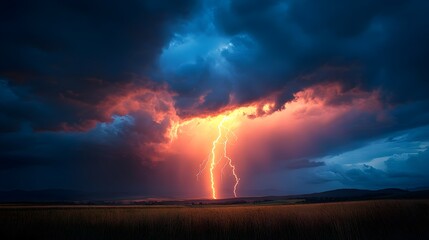 Fototapeta premium Dramatic Lightning Strike in Stormy Sky Over Rural Landscape