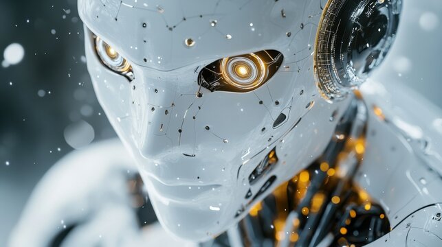 An extreme close-up of a humanoid robot's decentralized neural network nodes, showcasing distributed intelligence and collaborative decision-making capabilities