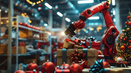 Obraz premium At the plant an artificial intelligence robot folds holiday presents and accessories