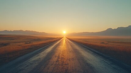 Naklejka premium The movie's wide shot of the empty winding road in the early morning is shrouded in a soft mist. The golden light penetrates the mist, and the sky transitions from deep blue to a soft morning color.