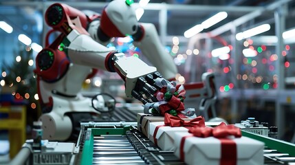 Obraz premium At the plant an artificial intelligence robot folds holiday presents and accessories