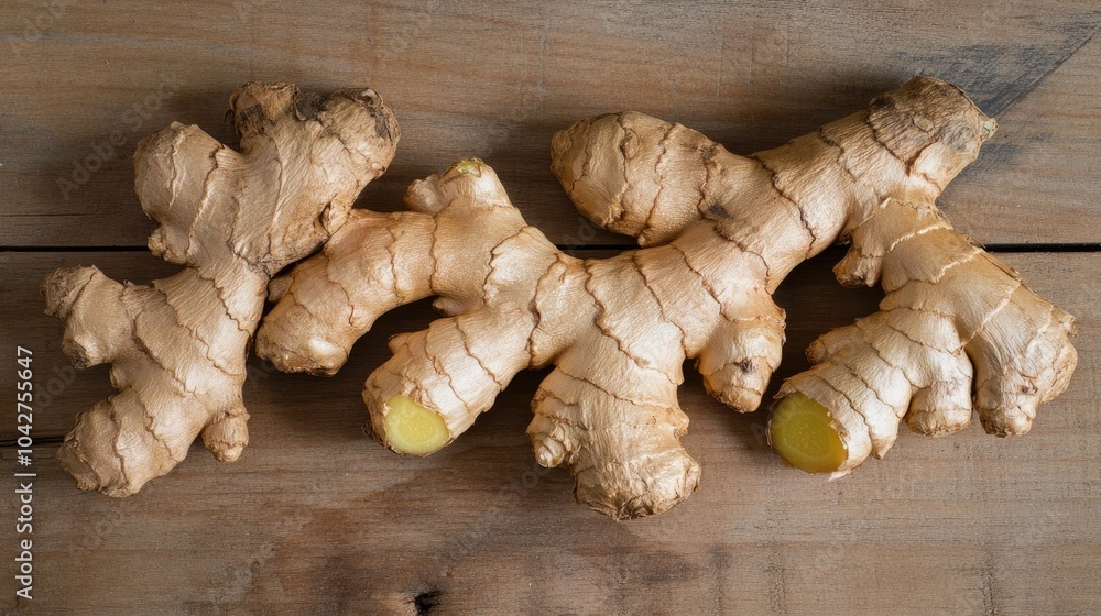 Wall mural Earthy tones emphasize fresh ginger roots placed on wood, representing the health and wellness benefits of this natural