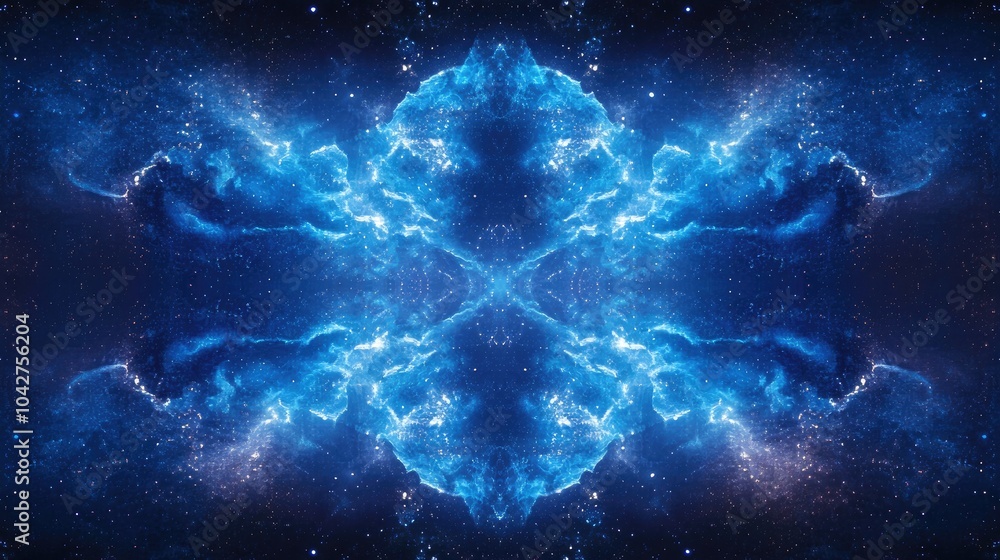 Poster electric blue and indigo nebula clouds form a symmetrical pattern in this abstract galaxy background
