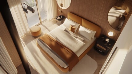 Modern Cozy Bedroom with Natural Light and Warm Tones