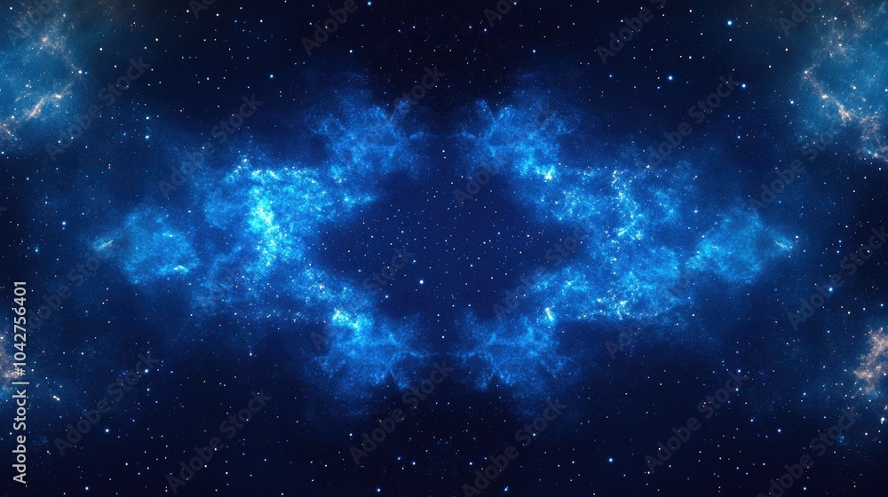 Poster electric blue and indigo nebula clouds form a symmetrical pattern in this abstract galaxy background
