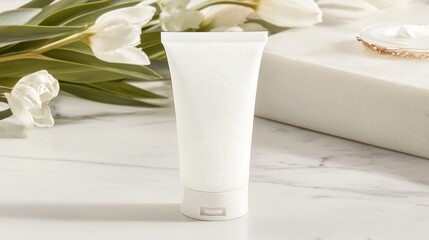 A white tube of skincare product rests elegantly on a marble surface, surrounded by soft white flowers and gentle greenery.