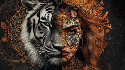 painting mighty lion and tiger head, and mystic woman with ornamental tattoo on face with bird, ornament background and mandala. computer collage, profile portrait, eye contact. 