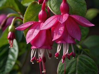 Obraz premium Beautiful and charming fuchsia pink flowers photographed from close range in the garden next to the house