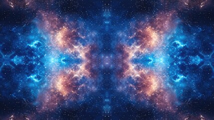 Fototapeta premium Electric blue and indigo nebula clouds form a symmetrical pattern in this abstract galaxy background, blending cosmic beauty with minimalism.
