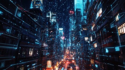 Fototapeta premium Futuristic cityscape with digital connections and vibrant lights.