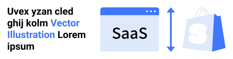 A mockup browser window with SaaS text next to a shopping bag with an up and down arrow between them. Ideal for SaaS, e-commerce, web development, online services, digital platforms. Landing page