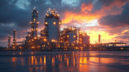 Fototapeta premium A large industrial plant with a sunset in the background