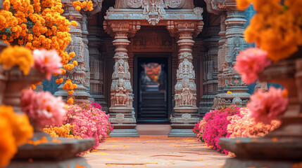 An ornate Hindu temple entrance with intricately carved stone pillars, surrounded by a vibrant backdrop of colorful flowers. v3