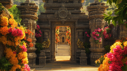 An ornate Hindu temple entrance with intricately carved stone pillars, surrounded by a vibrant backdrop of colorful flowers. v4