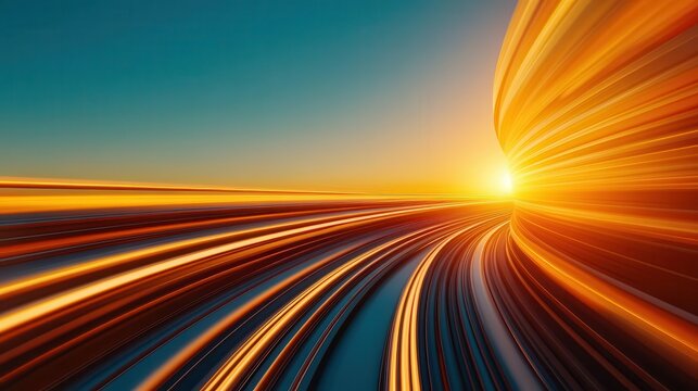 A hyperloop pod zooming across a futuristic landscape at sunset with wide-open sky and horizon