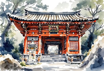 Watercolor sketch or illustration of a beautiful view of the Tsurugaoka-Hatimangu Temple. This is a Shinto temple in Japan.
