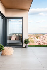 Modern outdoor patio with view of blooming trees and a cozy seating area in springtime