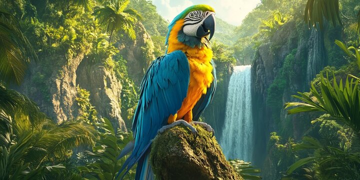 A colorful blue and yellow macaw sits on a green branch in a thick jungle.  Behind it, a waterfall flows down a rocky cliff.
