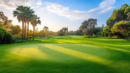 Serene Golf Course at Sunset with Palm Trees