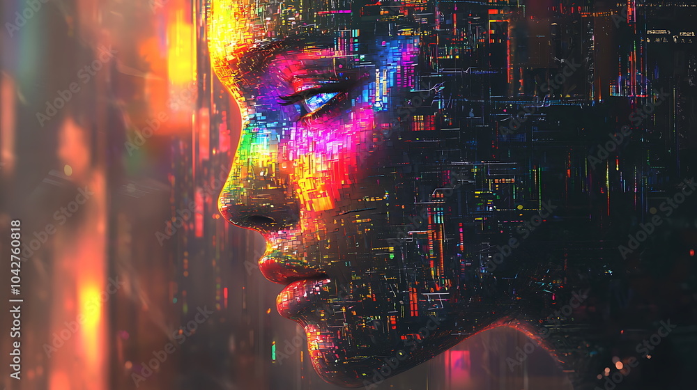 Poster exploring the intersection of technology and beauty a futuristic woman's face adorned with vibrant d