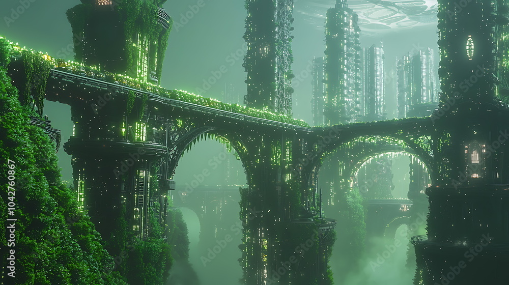 Leinwandbilder exploring a futuristic urban landscape where green foliage intertwines with glowing structures to cr