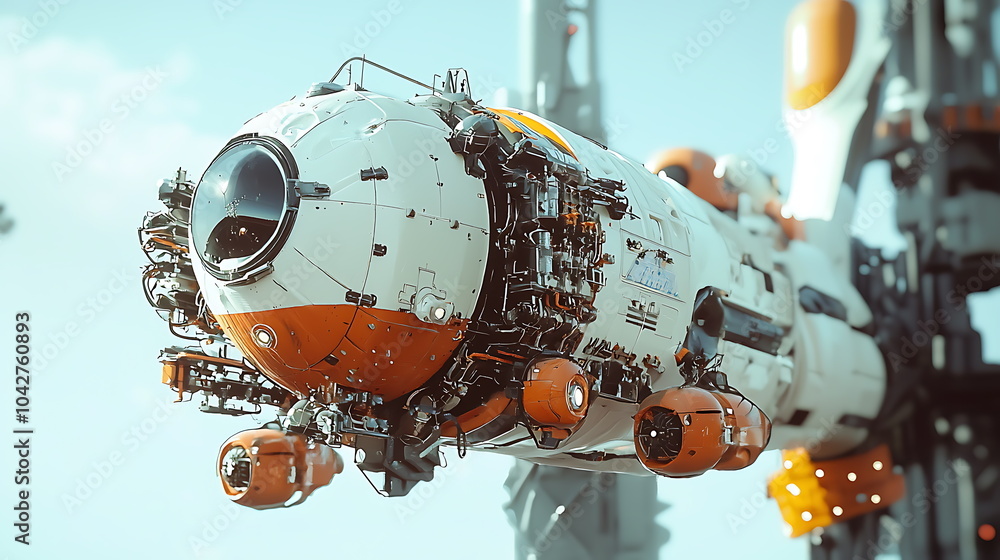 Poster exploring the frontiers of innovation a futuristic spacecraft ready for interstellar travel and disc