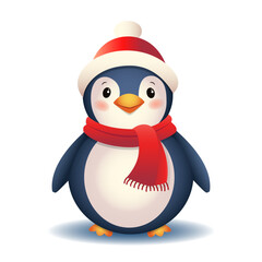 A cute penguin in a scarf, isolated on a white background. Christmas vector illustration.