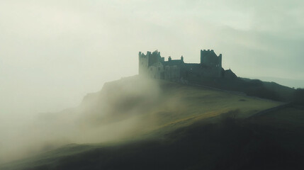 Fototapeta premium A historic Welsh castle perched on a hilltop, surrounded by fog and rolling hills. v2