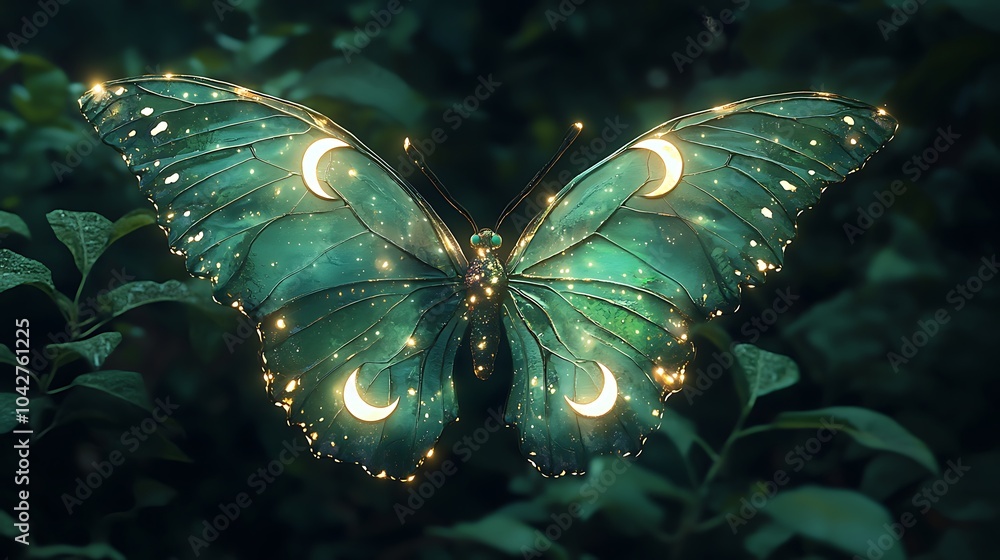 Poster a mesmerizing glowing butterfly with crescent moon-shaped wings illuminates the enchanted forest in 