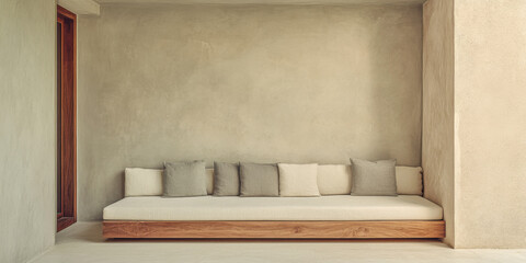 Minimalist living room with a simple wooden bench and soft cushions in natural tones