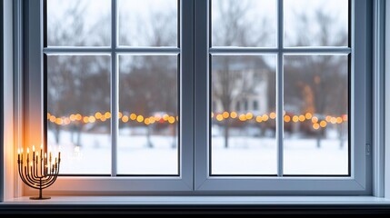 Fototapeta premium Winter window scene with glowing menorah and Christmas lights outside, combining the warmth of both holiday celebrations