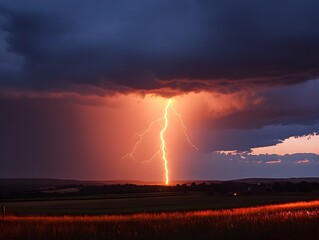 Dramatic Storm with Powerful Lightning Bolt Illuminating the Countryside