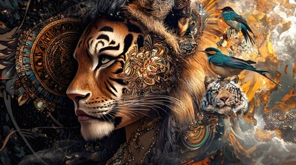 Fototapeta premium painting mighty lion and tiger head, and mystic woman with ornamental tattoo on face with bird, ornament background and mandala. computer collage, profile portrait, eye contact. 