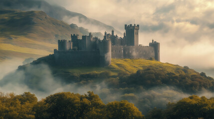 Fototapeta premium A historic Welsh castle perched on a hilltop, surrounded by fog and rolling hills.