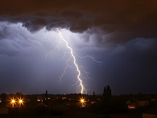 Dramatic Nighttime Storm with Powerful Lightning Bolt Illuminating Urban Cityscape