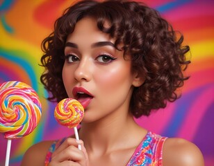  woman with curly hair holding a lollipop in front of her face.