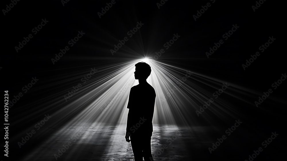 Aufkleber silhouette of a person in darkness with radiant light rays behind a visual metaphor for hope and tra