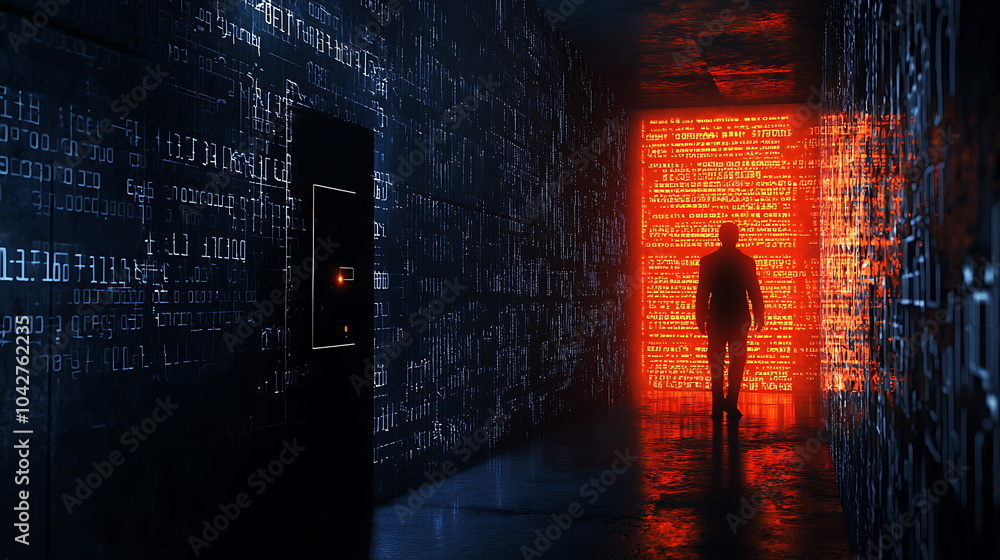Aufkleber Exploring the digital frontier a silhouette of a person navigating a high-tech corridor of codes and data streams