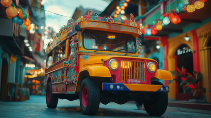 A vibrant traditional Filipino jeepney parked in a colorful street.