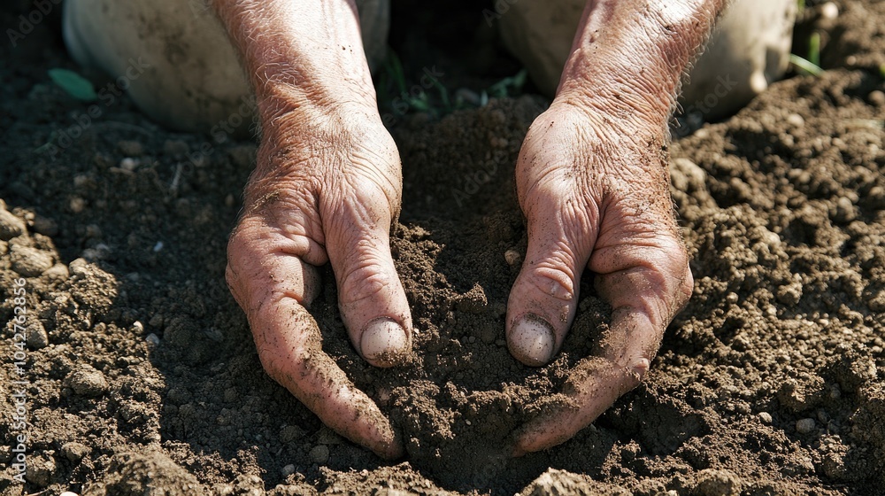 Sticker Farmer hands filled with nutrient-rich soil, bathed in warm sunlight, ready for planting the next crop.