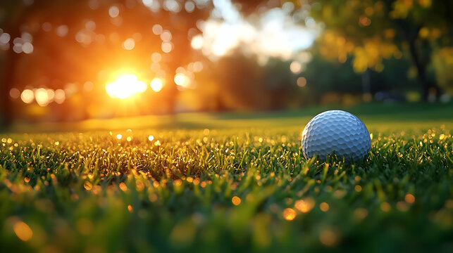 Golf Ball on Green Grass at Sunset - Photo