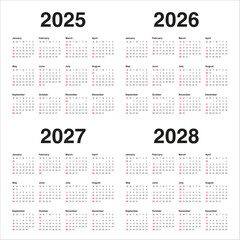 2025 2026 2027 2028 year calendar vector design template
