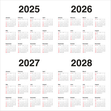 2025 2026 2027 2028 year calendar vector design template